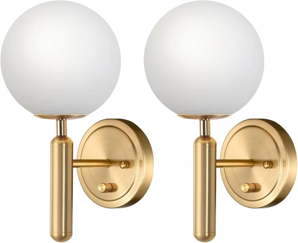 Gold Mid Century Modern Wall Sconces Set of 2 Dimmable Glass Globe Lights